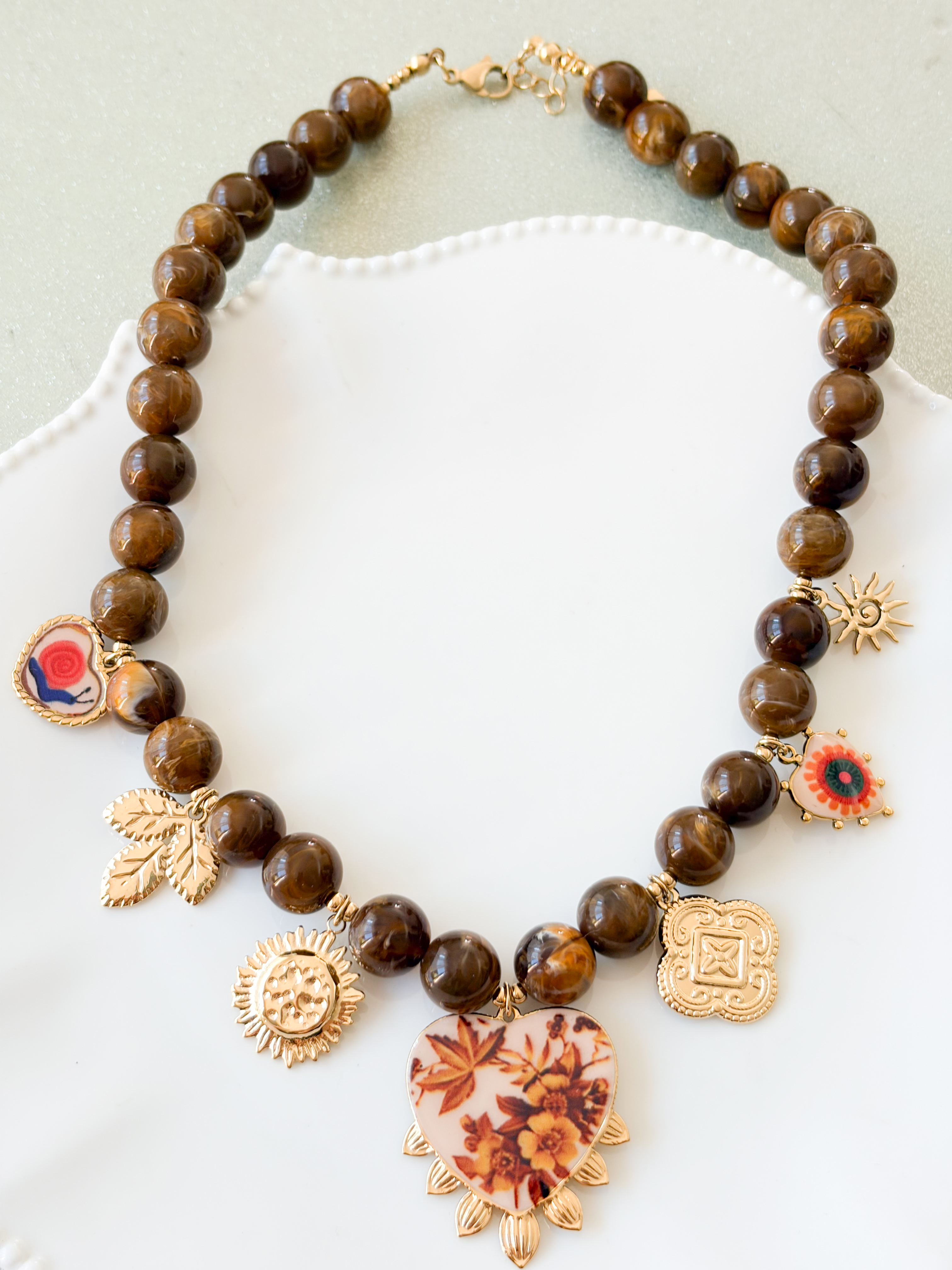 Collier Poème marron beige doré