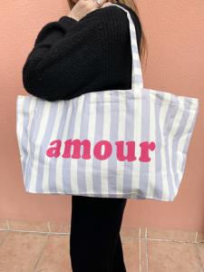 cabas tote bag Amour rayures mauve