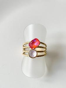 bague cristal fine double rose doré