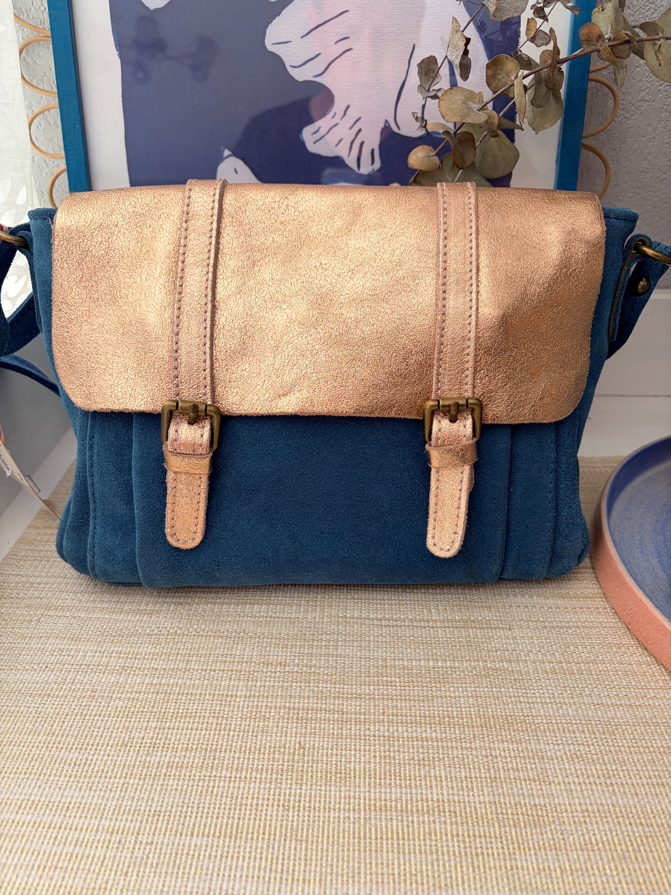 Sac nubuck bleu doré cuir 